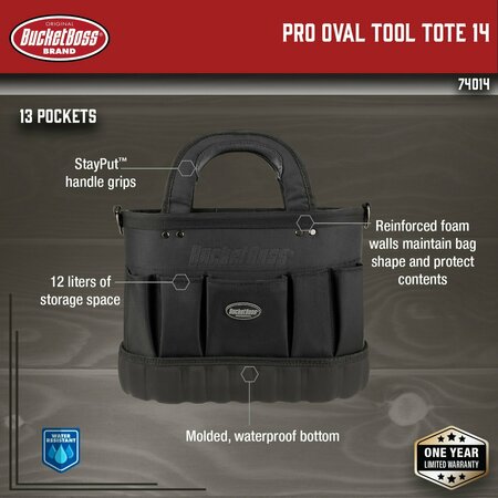 Bucket Boss Pro Oval Tool Tote 14, 1680 Heavy-Duty Poly Fabric, 13 Pockets 74014